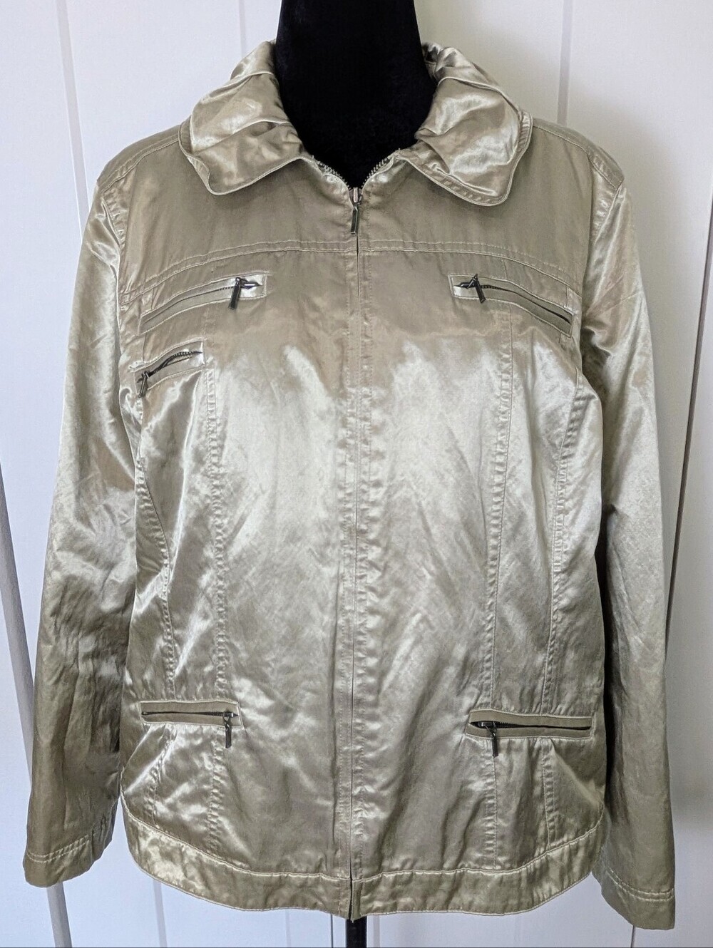 Chicos Casual Khaki Metallic Sheen Kori Jacket Front Full Zip Size 3=XL
